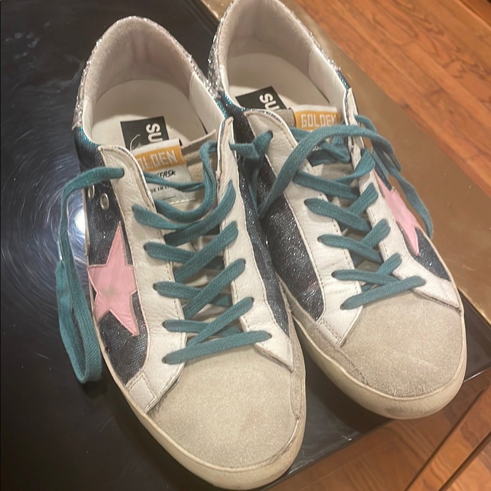 Golden Goose White and Pink Distressed Sneakers